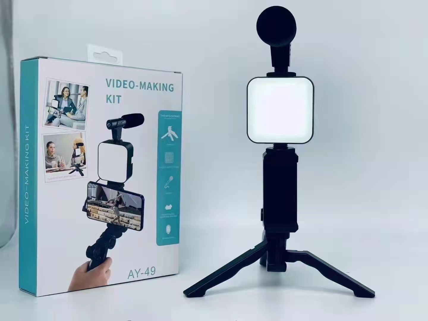 AY-49 Video Vlogger Kits Microphone LED Fill Light Mini Tripod For Phone Vlog Video Recording Condenser