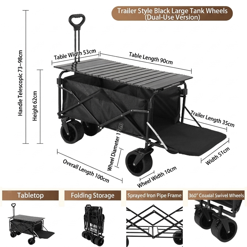 black, dual brakes, rear-folding, folding tabletop