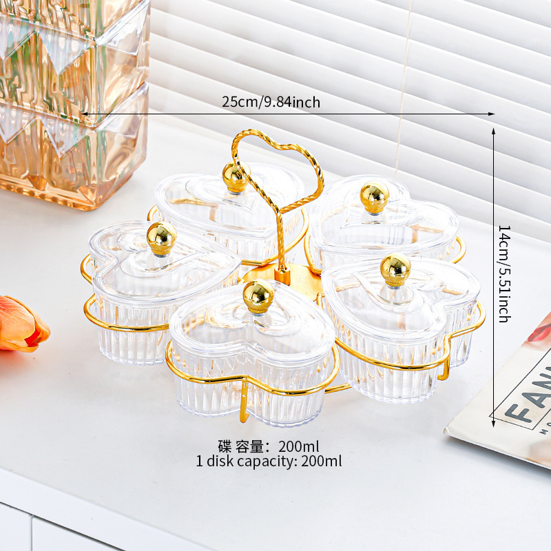 Transparent 5-compartment heart-shaped plate holder with gold beads