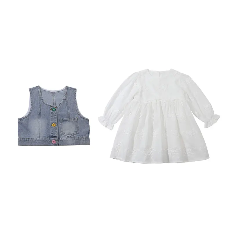 Детская Одежда корейский модный однотонный 100% хлопковый джинсовый жилет для малышей с длинным рукавом платье для больших девочек Детские комплекты из двух предметов