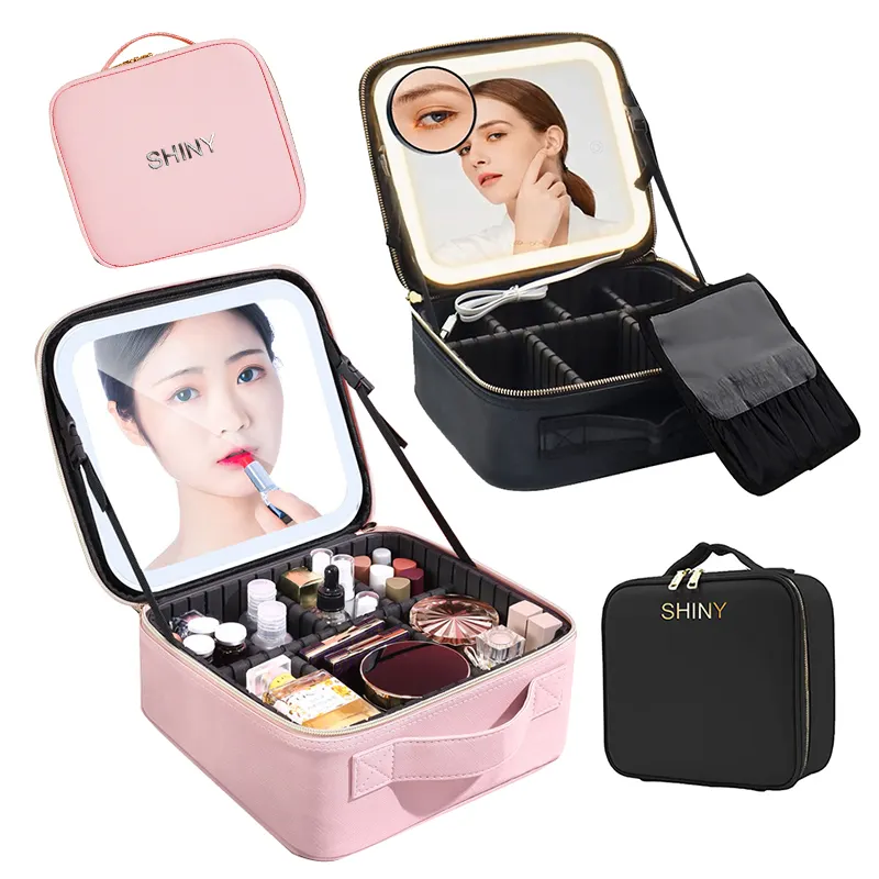 Makeup Bag with LED Mirror Large Capacity Travel Portable Cosmetic Storage Bag Makeup Bag