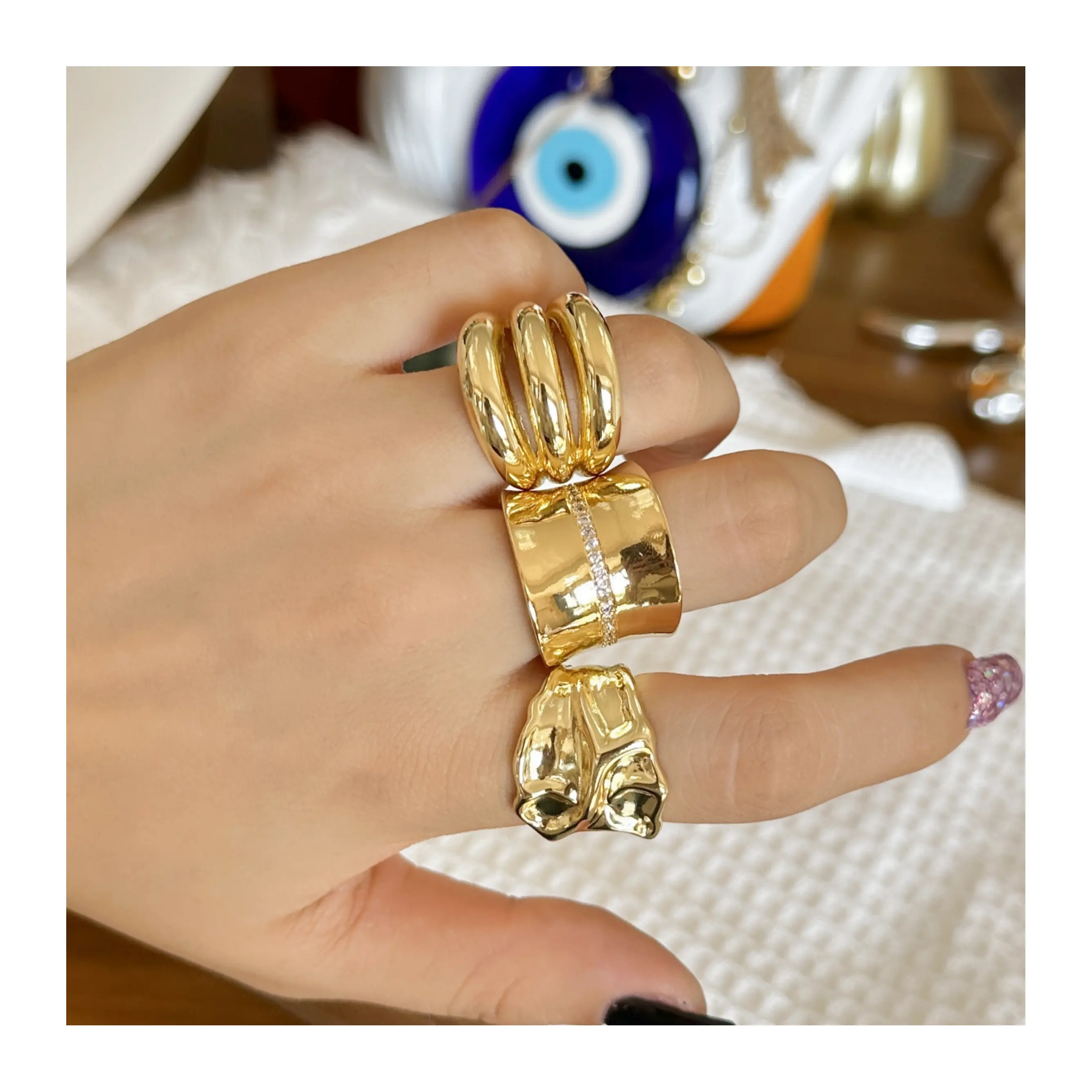 Amazon gran oferta de anillos gruesos apilables de alta calidad chapado en oro de 18K de cobre sin deslustre suave juego de anillos de dedo ajustables