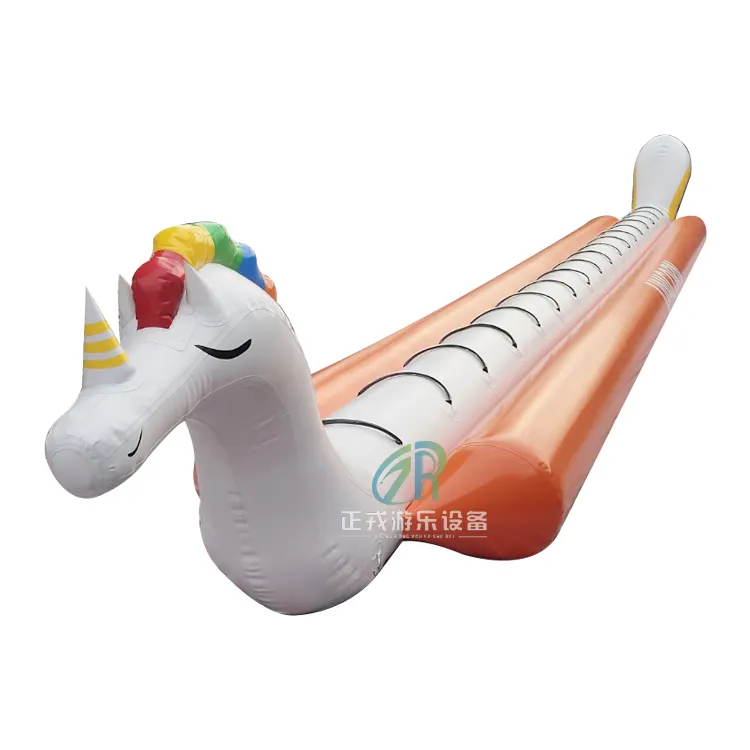 Water Sport Games 0.9mm PVC Tarpaulin Unique Design Rainbow Unicorn Inflatable Banana Boat
