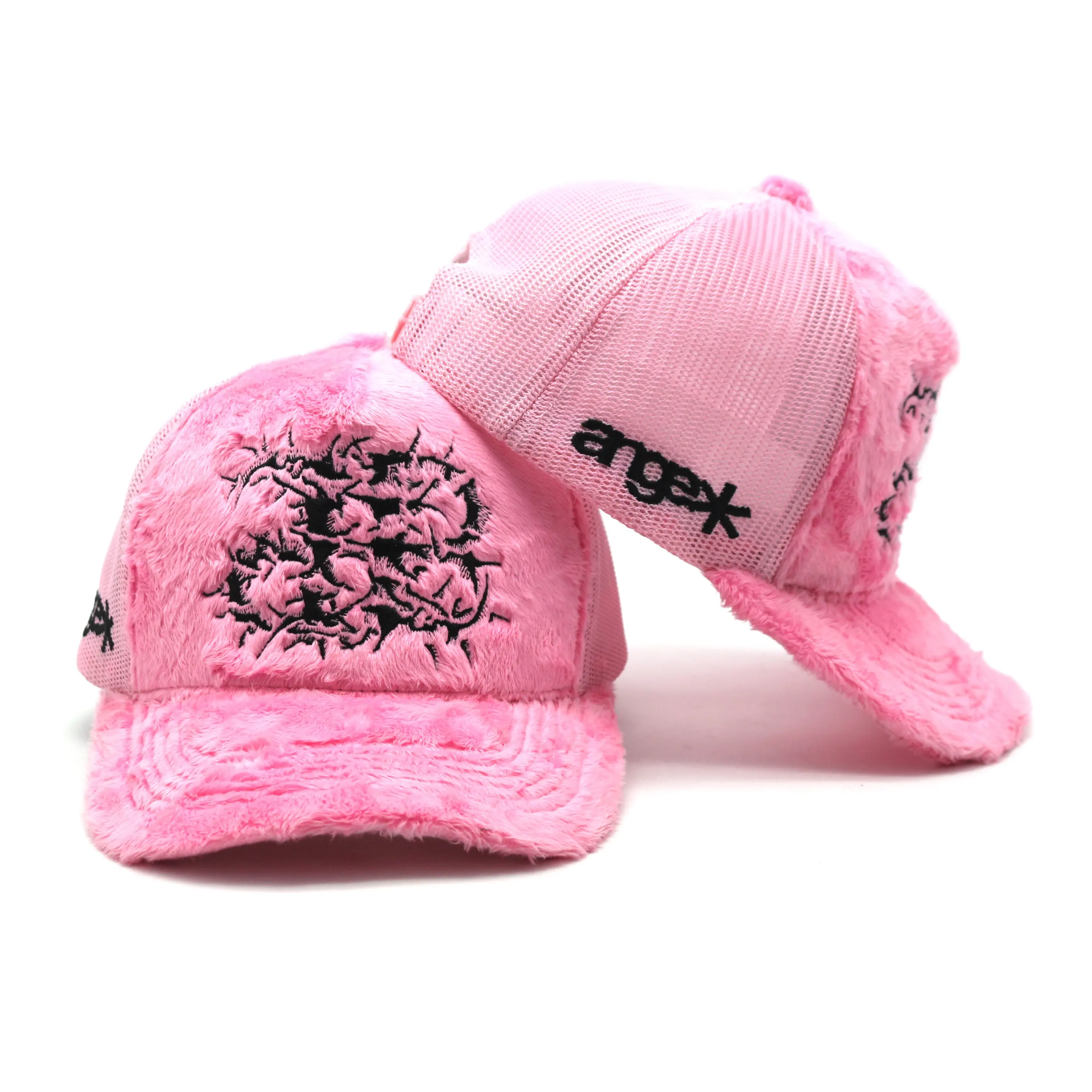 Casquette de camionneur en maille de velours rose floue avec logo brodé sur mesure Casquette de camionneur à 5 panneaux structurée souple