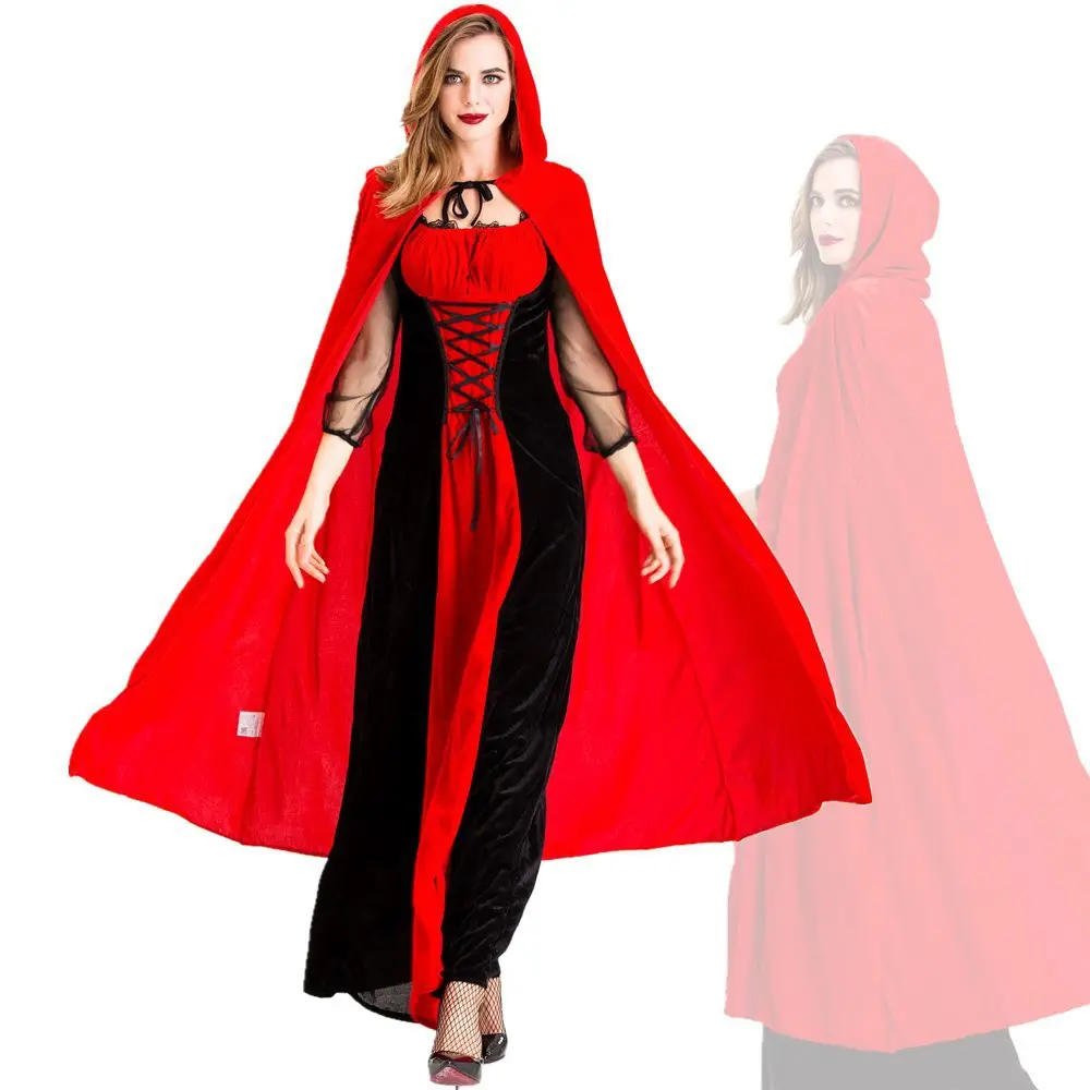 Medieval The Vampire Diaries Traje Mulheres Chapeuzinho Vermelho Halloween Festa Cosplay Vestido Fantasia