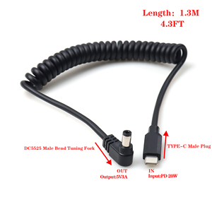 Tipo C macho a DC5525 macho en ángulo recto Boost entrada de cable en espiral 5V salida 3A con función de señuelo de cinta