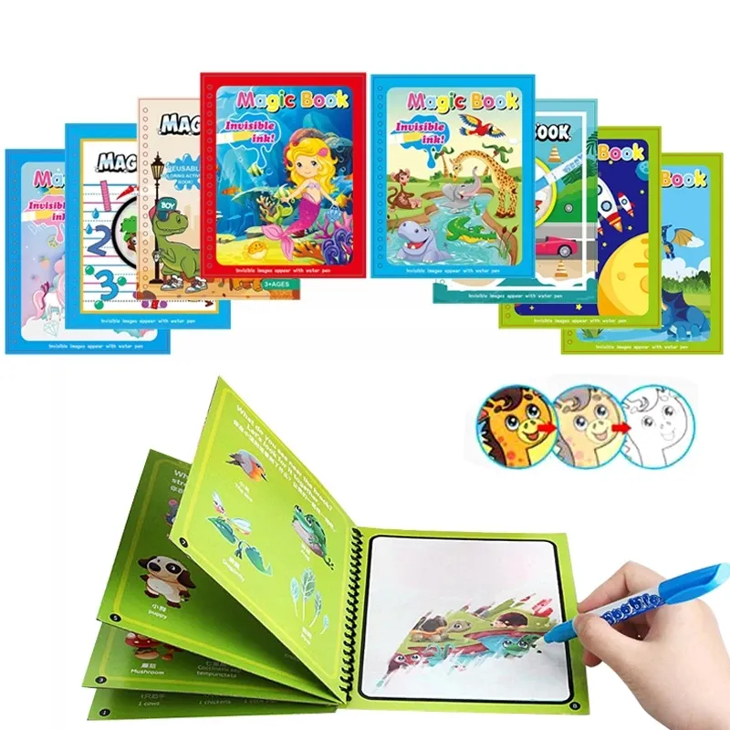Libro di disegno dell'acqua magica colorata che scrive Doodle Book Paper Logo personalizzato Opp Bag Picture Water Books da 5 a 7 anni 3 età +/