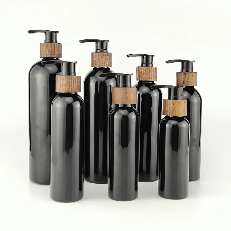 Ahşap pompa şişesi 100 ml 150 ml 200 ml 250 ml 300 ml şampuan için bambu pompası ile 500 ml siyah kozmetik şişe