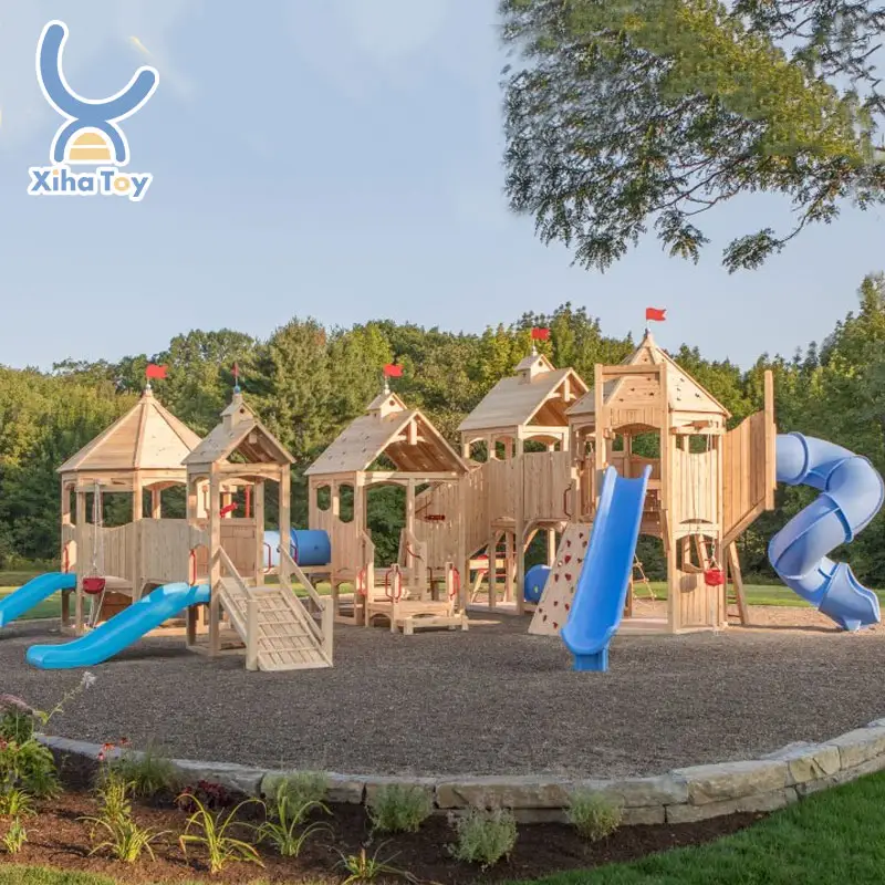 Новейшая и привлекательная открытая деревянная игровая площадка для детского сада XIHA Riggeo с горкой для скалолазания для детей