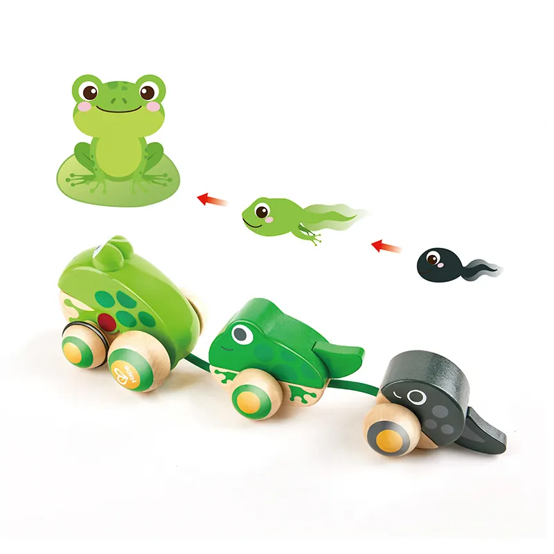 Juguete de Animal de madera para bebé, juguete familiar de rana de empuje y tirar hacia arriba, Hape