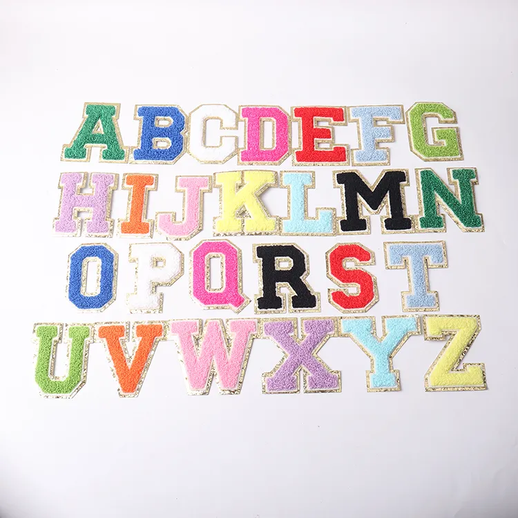 En gros de haute qualité logo personnalisé motifs lettres patchs fer sur l'alphabet initial or paillettes chenille lettre patchs bricolage