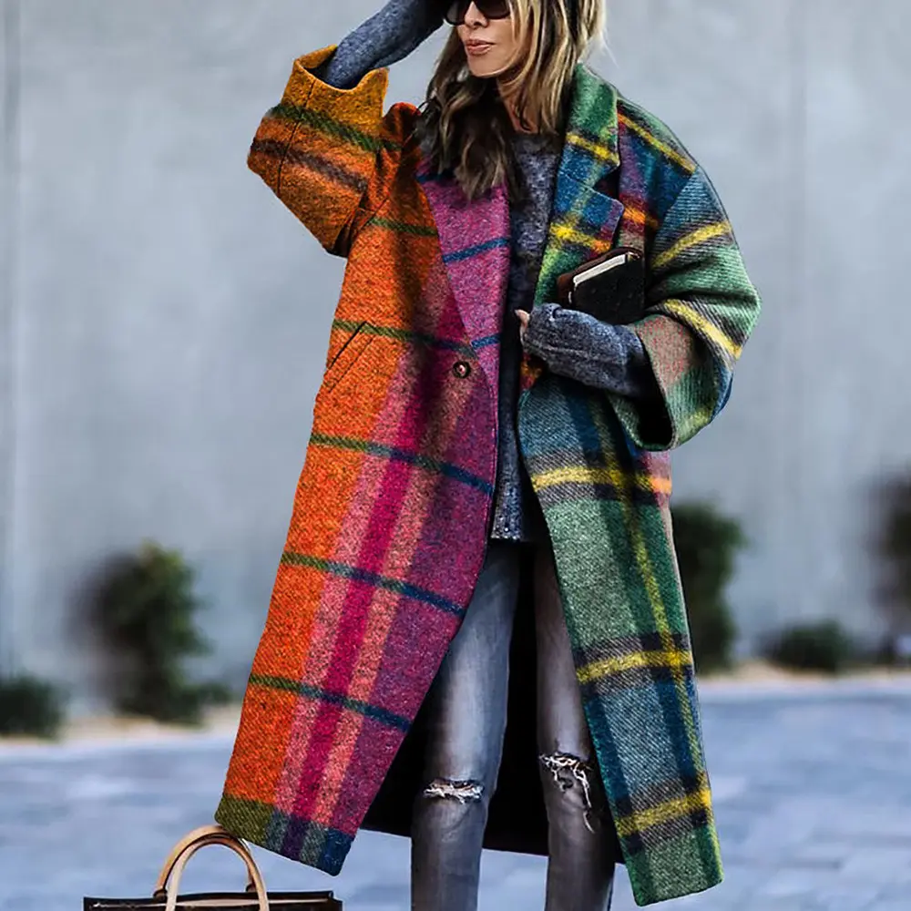 Chaqueta de manga larga con solapa para mujer, abrigo largo de lana con estampado, abrigos de Cachemira elegantes para invierno