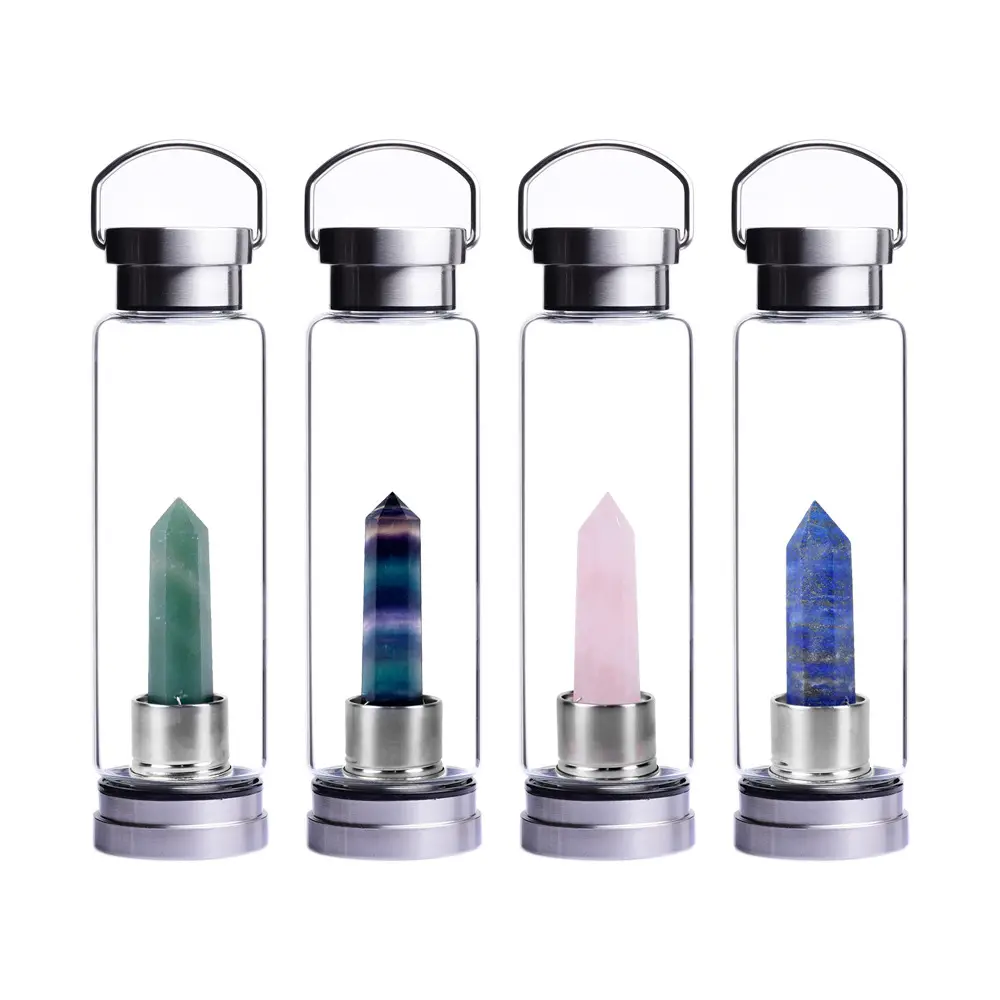New gesunde glas wasser flaschen mit edelstein stein kristalle edelstahl deckel und boden