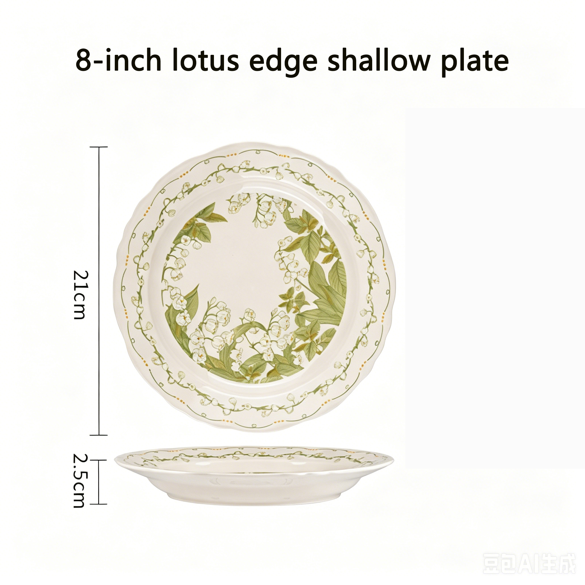 White and green 8-inch lotus edge shallow plate