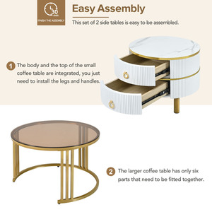 Mesa de centro apilable de 27,5 ''y 19,6'' con 2 cajones, mesas anidadas con vidrio templado marrón y mesa de mármol de alto brillo - Product Image 4