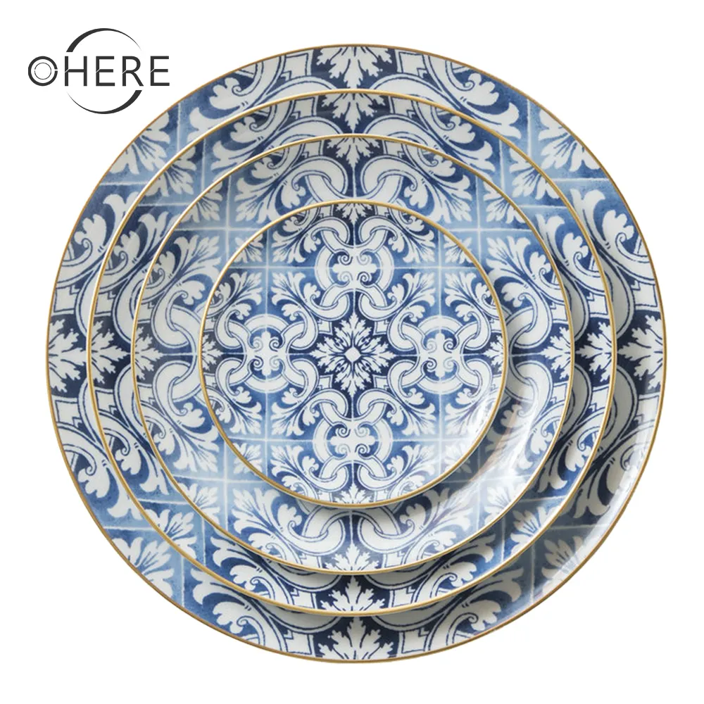 Platos decorativos de porcelana con borde dorado, platos de porcelana china con patrón de flor azul, venta al por mayor, disponible en 110