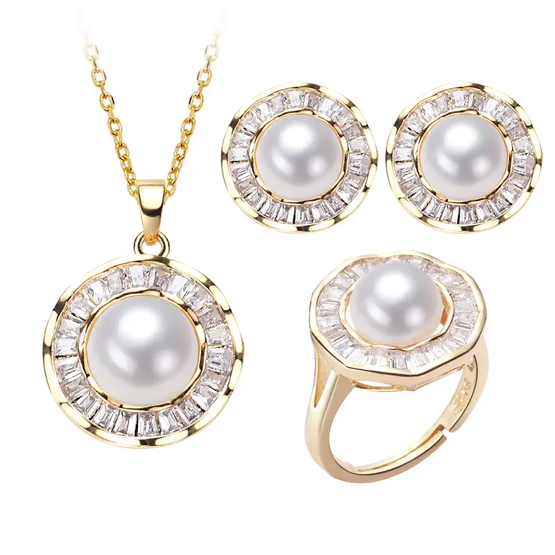 Exquisite Women Inlaid CZ Pearl Jewelry Sets Elegant Pearl Pendant Necklace Earrings Set Wedding Bride Jewelry Set