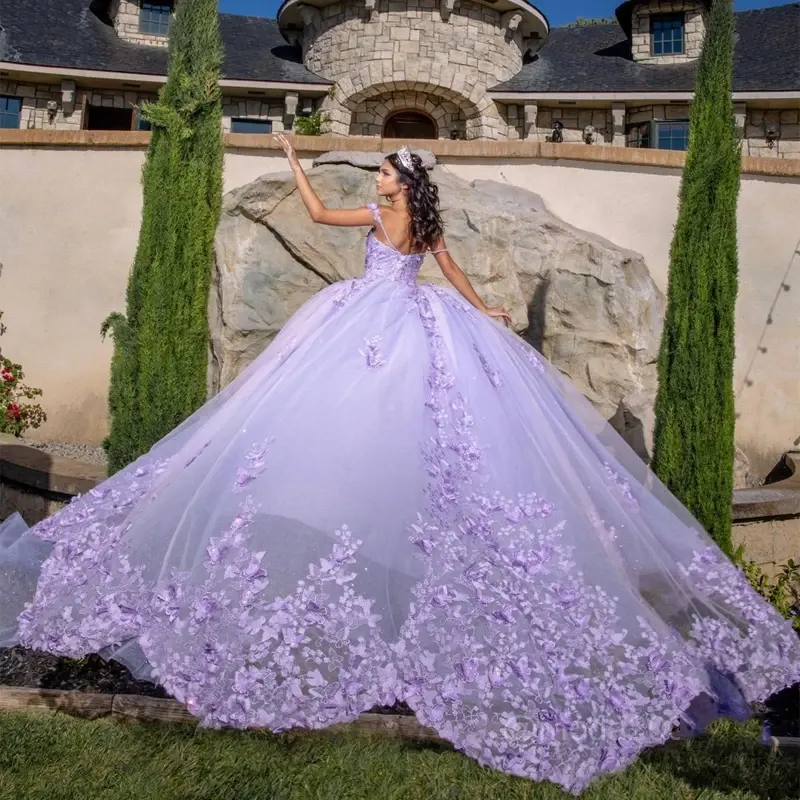 Mumuleo lavanda vestido de quinceañera cariño 3D arco mariposa encaje vestido de baile con capa cristal dulce 15 Vestidos De XV Anos