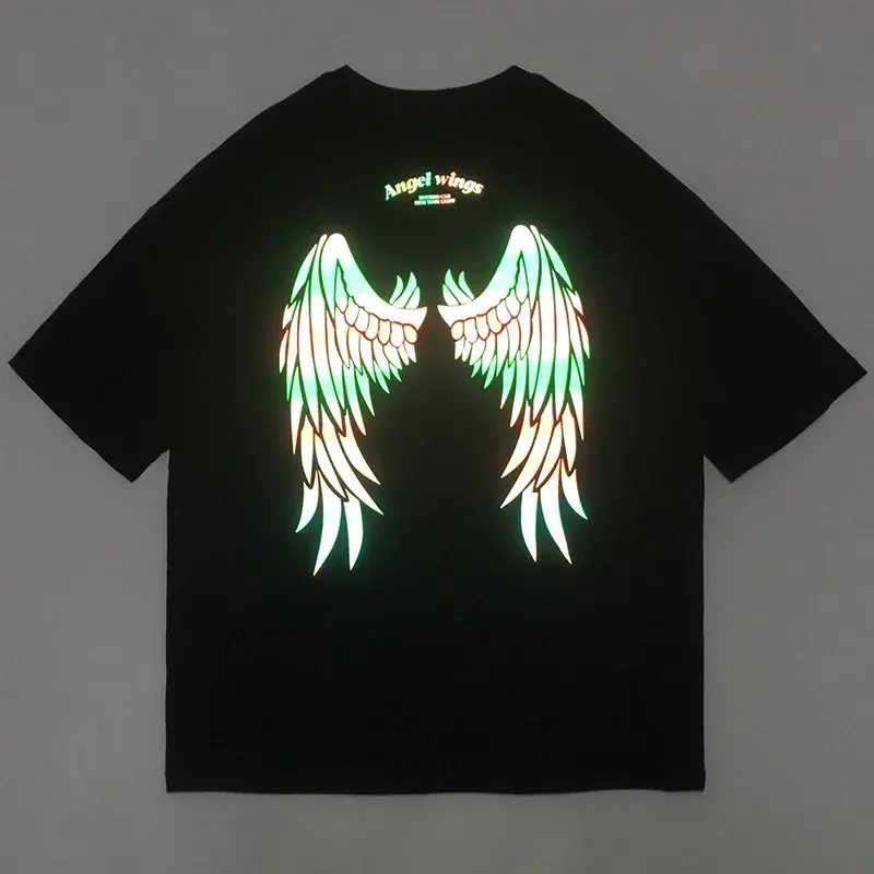 Venta al por mayor 100% algodón en blanco liso camiseta de gran tamaño impresión personalizada láser Arco Iris logotipo reflectante de talla grande camisetas de los hombres