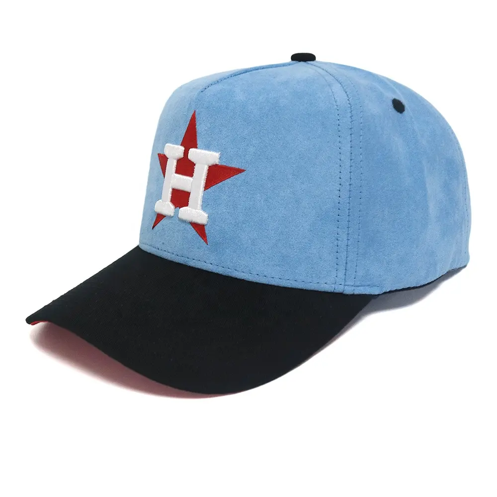 2022 sıcak şapka tasarımı 5 panel süet mavi ve siyah özel logo ile beyzbol kapaklar düz nakış ve 3d puf nakış şapka