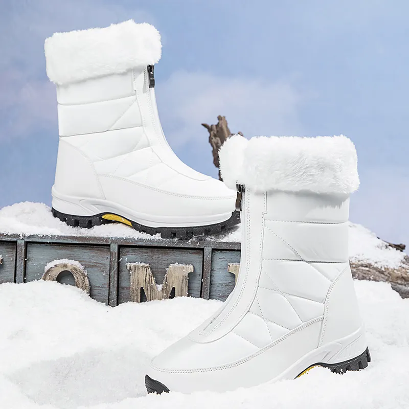 Tasarımcılar kalın tabanlı Zip-up kürk astarlı kış çizmeler kadınlar için ayakkabı yürüyüş tarzı ayakkabı kadın ayak bileği kar botları