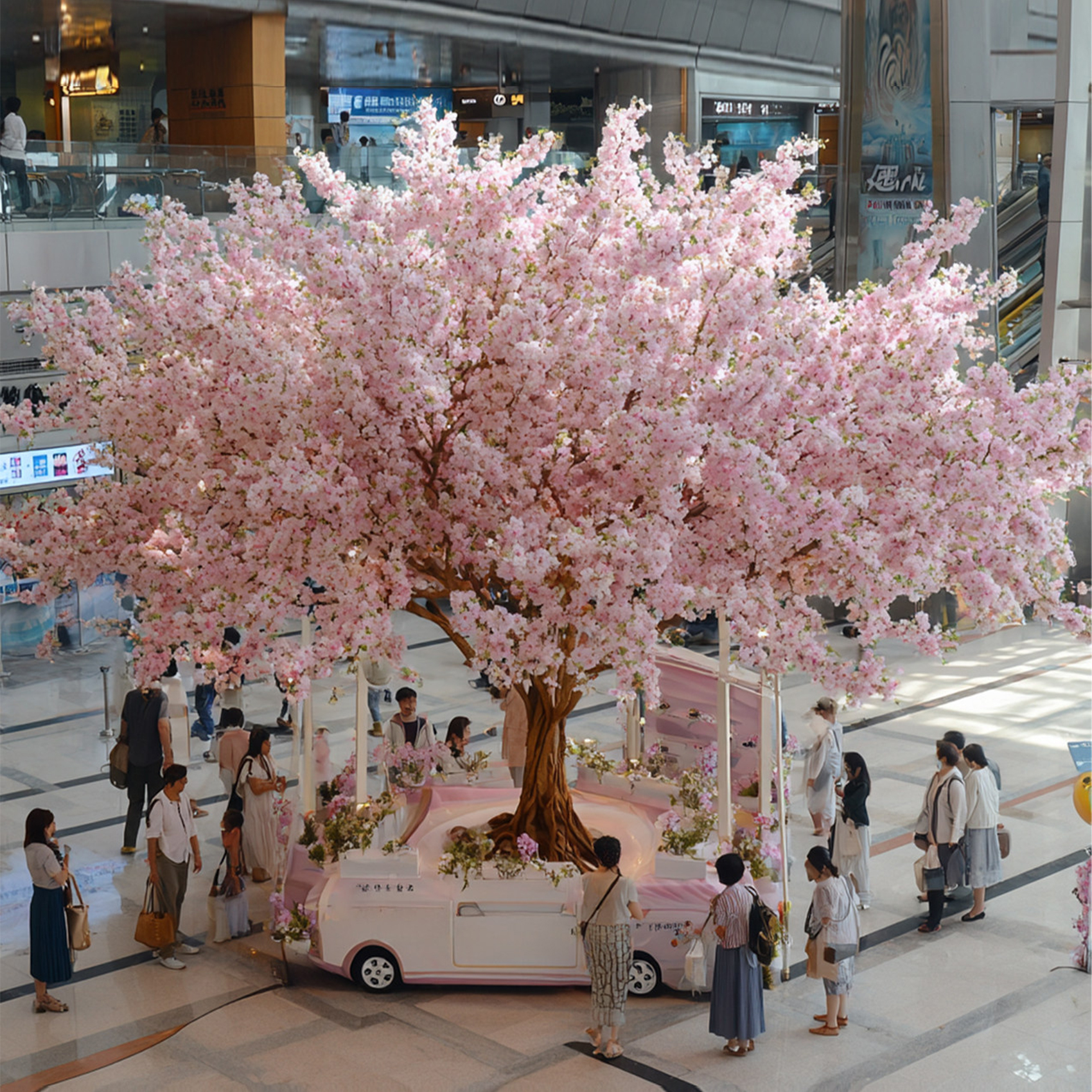 Arbre à fleurs de cerisier rose de 4 m - Atrium du centre commercial