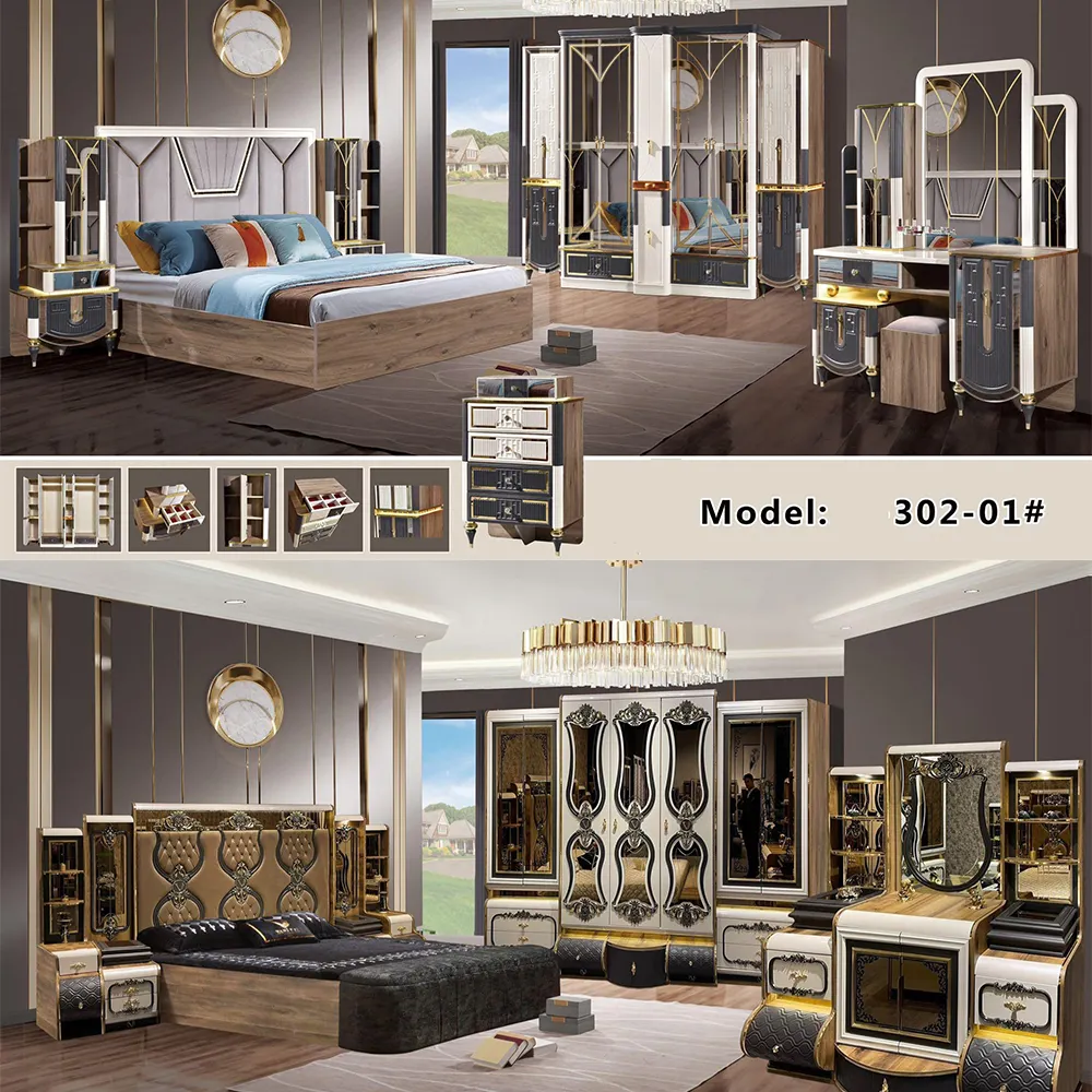 Nuovo moderno in legno King Size doppio letto in pelle Set di lusso 6 porte grande armadio Mdf pannello completo mobili camera da letto Set