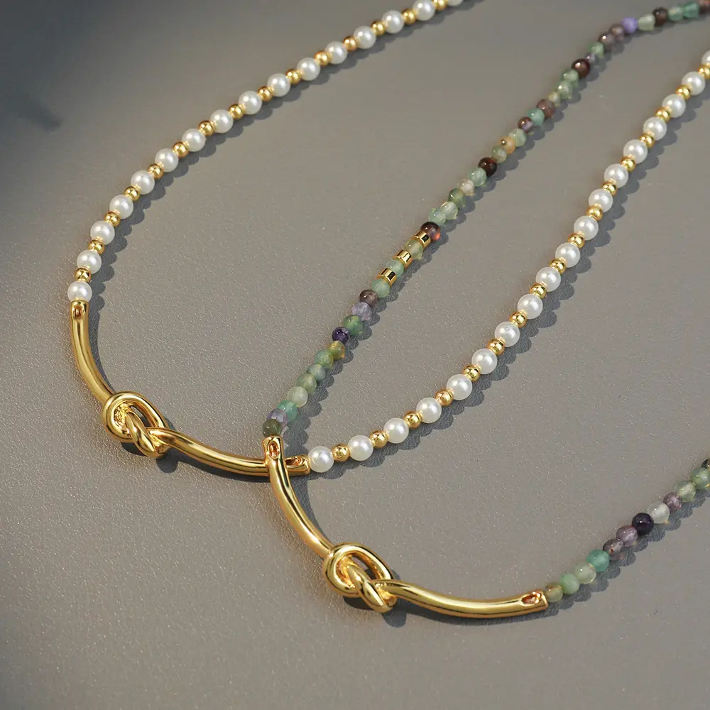 Chunky Stein perlen Imitation Perlenkette Kleine echte Edelstein perle mit geknoteten Anhänger Choker Halskette für Mädchen Männer