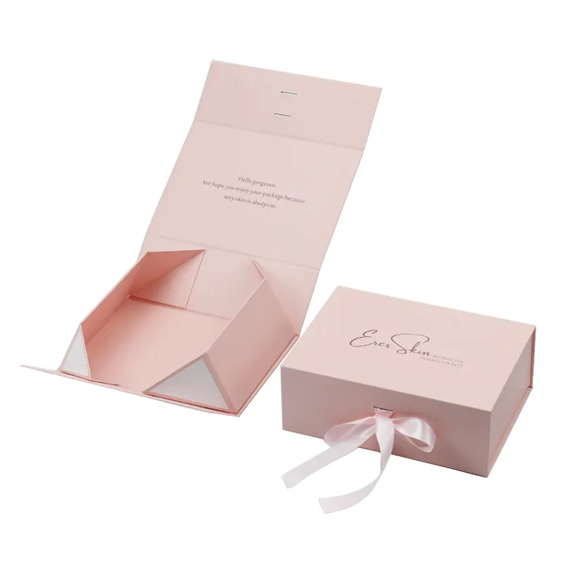 Caixa de presente dobrável magnética com fita para roupas e sutiãs, lingerie luxuosa, embalagem de papel rígido, caixa de presente com fita rosa personalizada