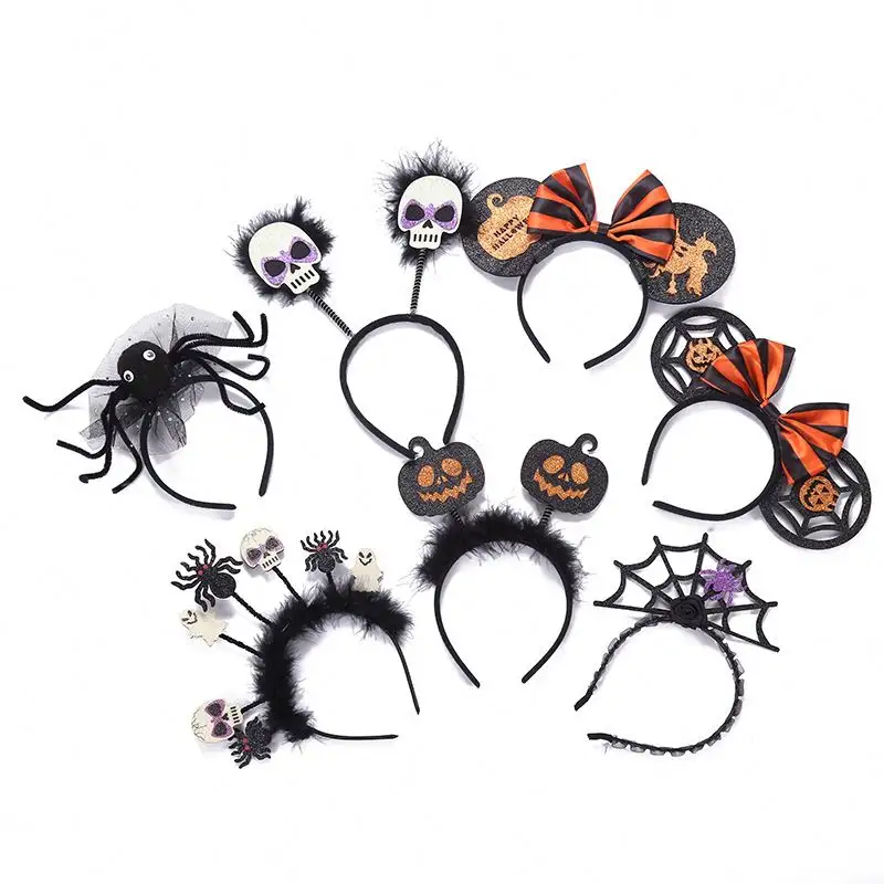 Diadema de araña para Festival de Halloween, diadema con lazo de lentejuelas y orejas de ratón para niña y mujer, accesorios para el cabello para fiesta de Boutique DIY