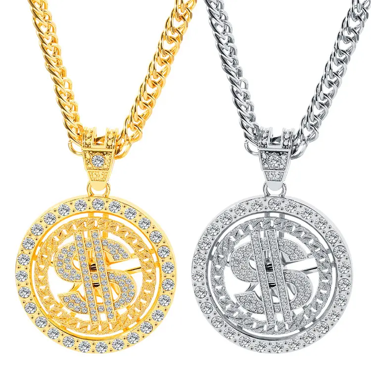 Yeni tasarım Hip Hop elmas döner dolar kolye kolye altın rengi çinko alaşım kazak zinciri takı