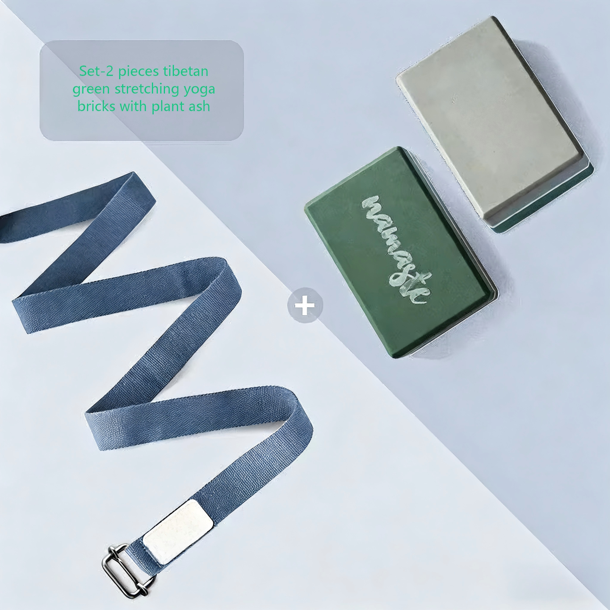 Ensemble de 2 briques de yoga extensibles vert tibétain avec cendre végétale