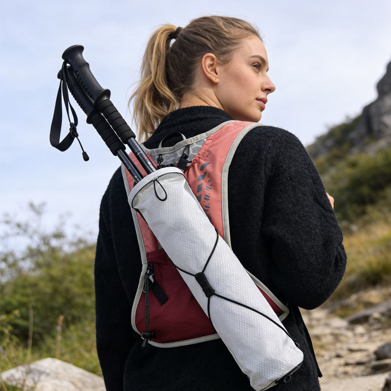 Pink running and cycling backpack, trekking pole storage bag, white