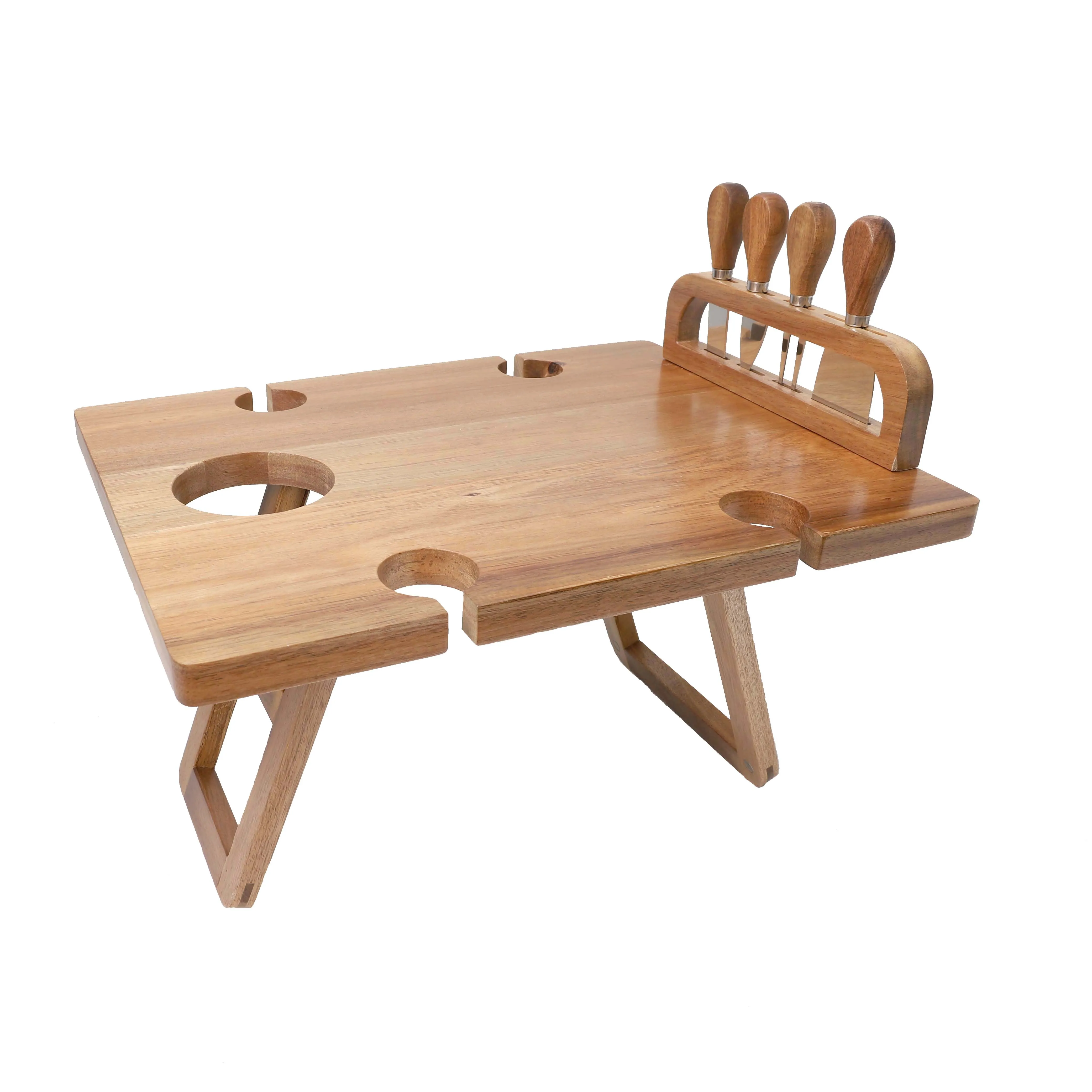 Mesa portátil de madera con 4 cubiertos, juego de bambú Natural para exteriores, bandeja plegable para vino y queso, mesa de Picnic, madera