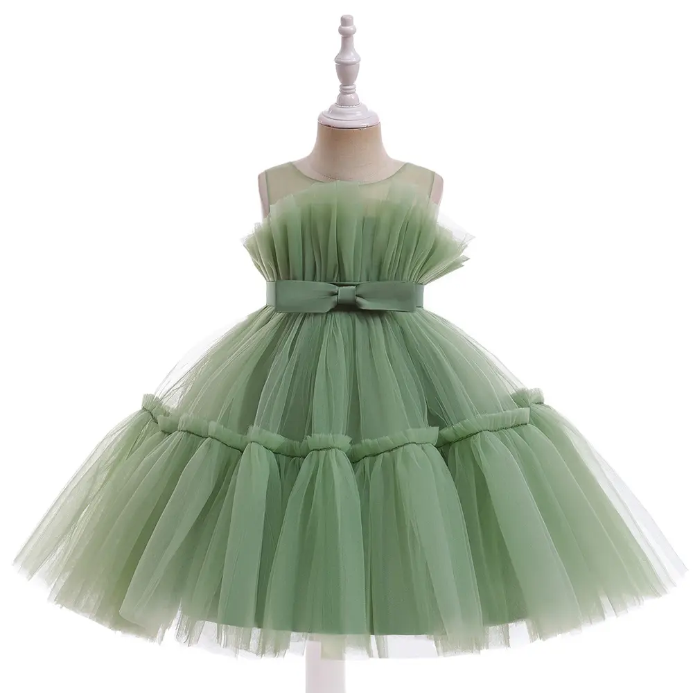 New Green Mesh Dress Kids Colorful Ball Gown Flower Girl Dress 1 to 10 Years Old Baby Girls Birthday Party Dresses