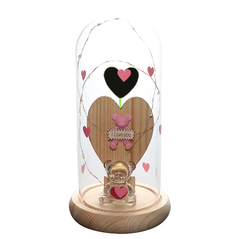 Cúpula de cristal redonda con Base de madera, cúpula de cristal de amor con luz Led, regalo romántico para el Día de San Valentín