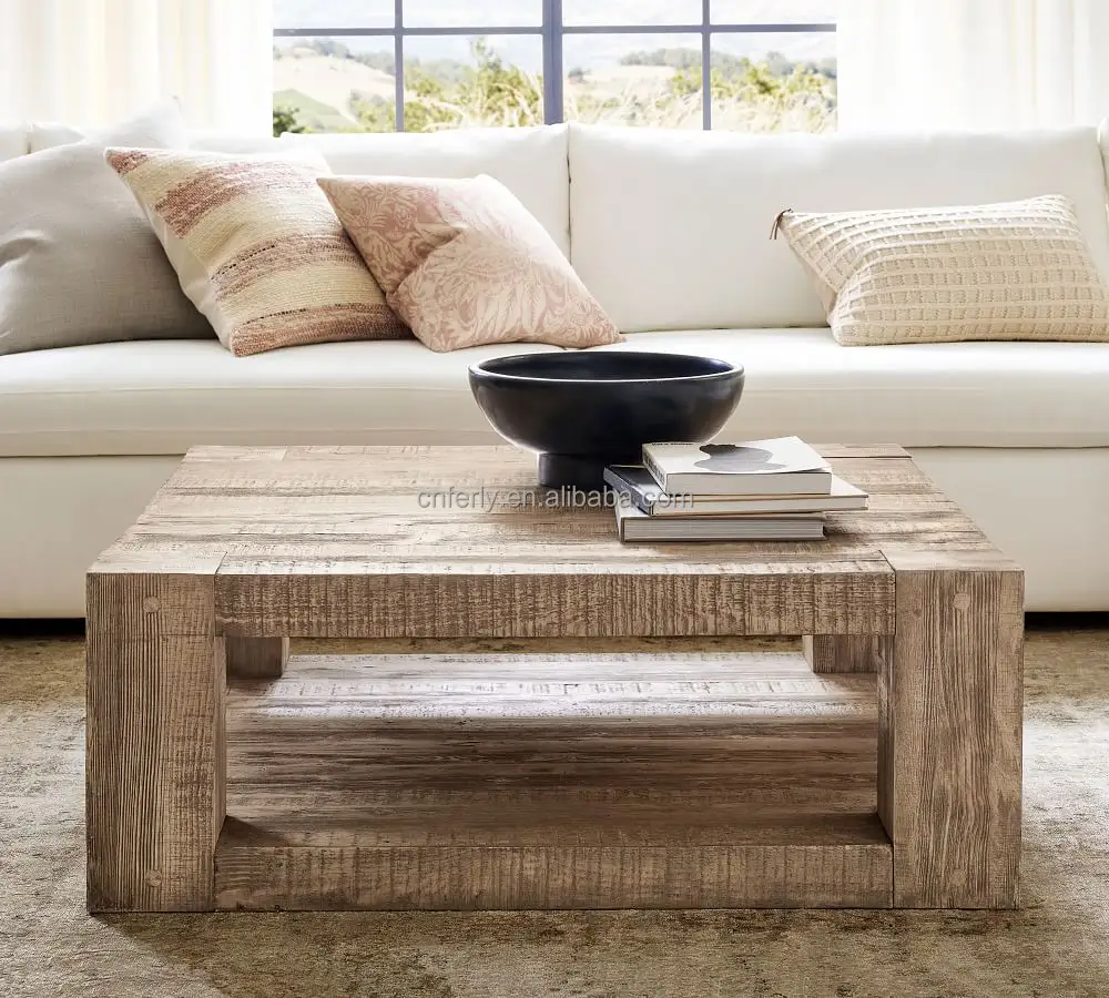Moderno estilo americano sala de estar, retangular de madeira grossa do retângulo de madeira sólida, tabela de café natural de carvalho