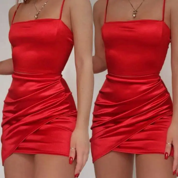 Vestido corto de seda satinada para mujer, sin mangas, brillante, liso, rojo, Natural, sedoso