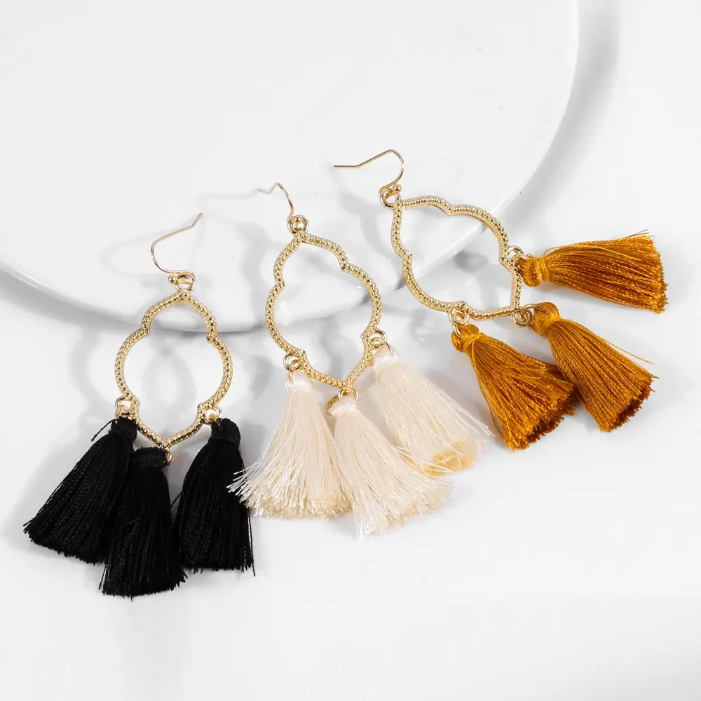 New Copper Long Tassel Earrings Boho Black Brown Silk Fabric Thread Flower Drop Statement Earring For Women Dangle Jewelry