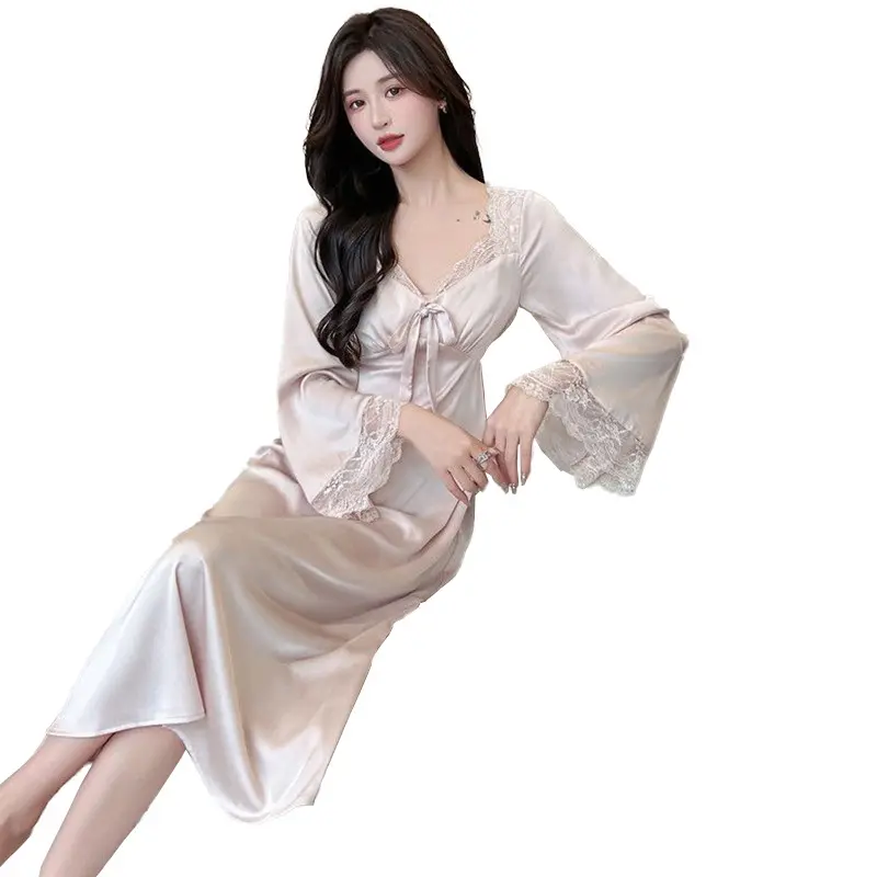 New mô phỏng lụa Đồ Ngủ Ren với đệm mùa xuân và mùa hè có thể được mặc bên ngoài phần dài của áo ngủ ms.