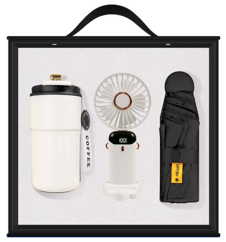 Negro---Taza + sombrilla + Mini Ventilador