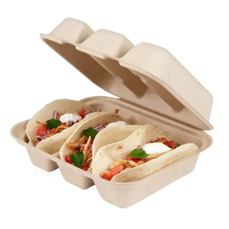 Fabricante Bagasse Taco Box 3-Compartimento Logotipo personalizado Bio-degradable Nature Material Packaging Food Container