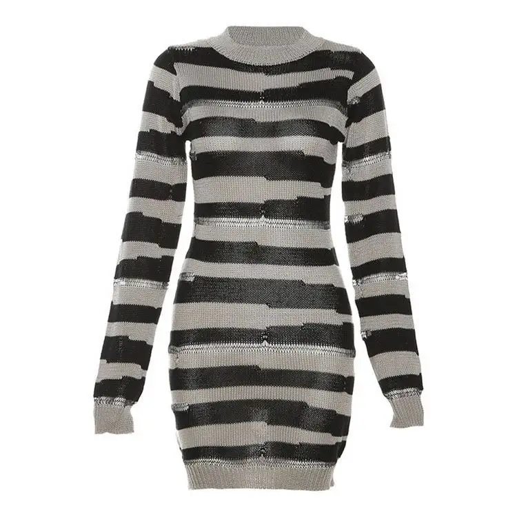 New Arrival Knitted Fall For Women Long Sleeve Knitting Stripe Ripped Dress Ladies Sexy Knit Bodycon Dresses