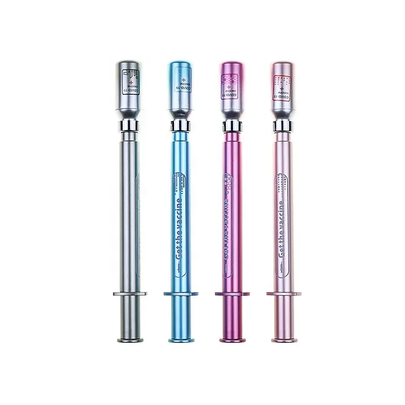 Nieuw Ontwerp Led Licht Spuitvormige Gelpen Met Actief Gevaccineerde Slogan 0.38Mm Injector Neutrale Pen