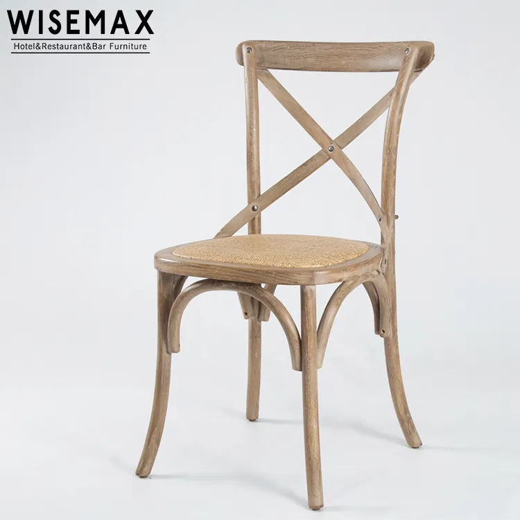 WISEMAX FURNITURE Popular nice solid wood dining stacking canteen wedding X cross back wood chair for restaurant and wedding
