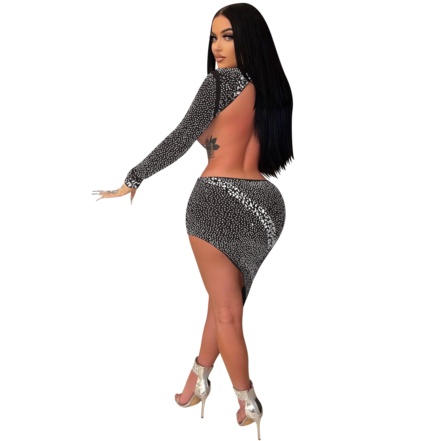 Hot Selling One Shoulder Long Sleeve Sexy Dress Summer Hollow Out Rhinestone Decoration Women Irregularity Club Dress