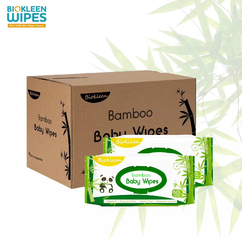 Biokleen limpador de bebê, logotipo personalizado 60 livre, amostra 100%, biodegradável, compostável, limpador de bebê, bambu, bebê, molhado