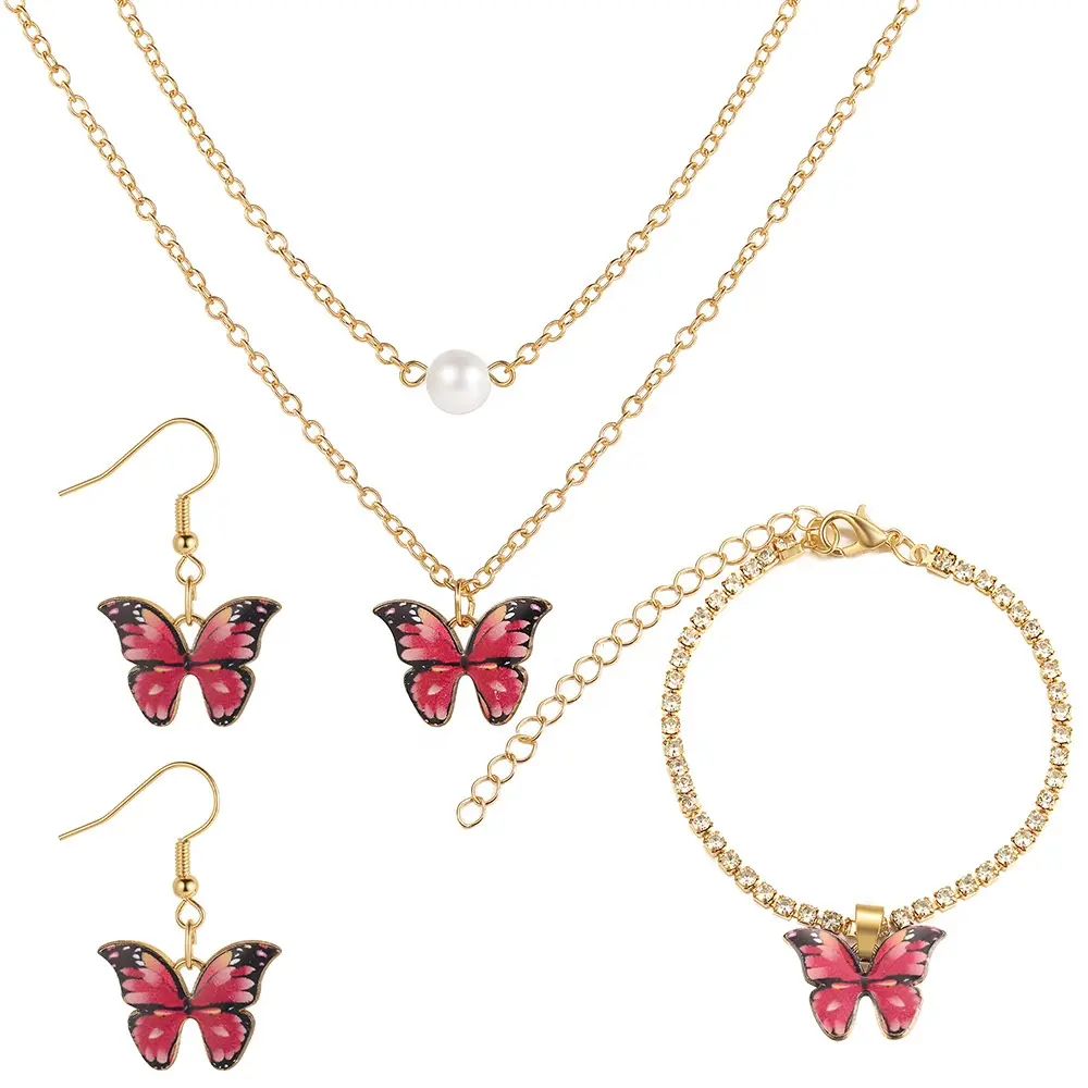 Vente chaude mignon papillon chaîne breloques collier ensemble pour femmes alliage bijoux pour cadeaux d'anniversaire