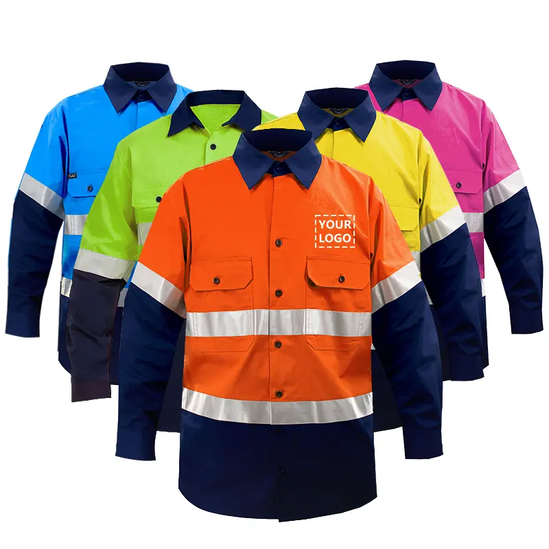 100% Cotton Construction Mining Sun Protective Long Sleeve High Vis Workwear Shirts Custom Logo Reflective Safety Men Work Shirt