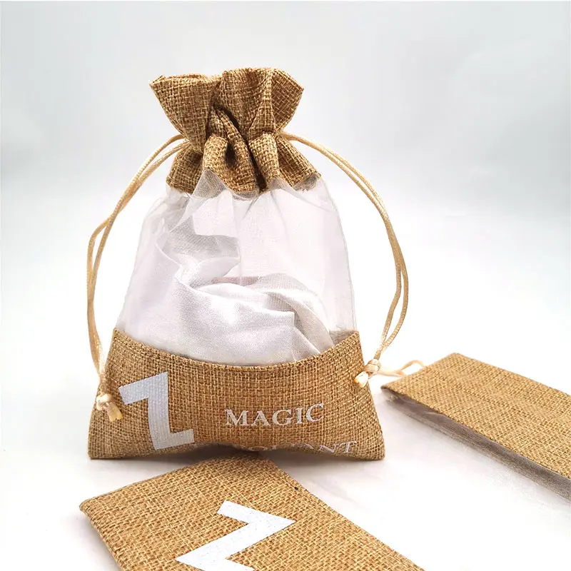 Custom printed logo small jute gift bag drawstring hemp jute burlap bag